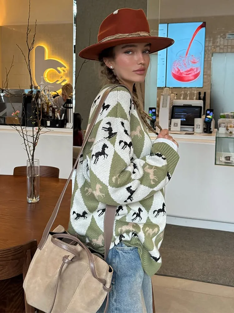 

Casual Knitted Jacquard Sweater Women Vintage Loose O-neck Pullover Sweaters Female 2026 Spring Versatile Chic Street Knitwear