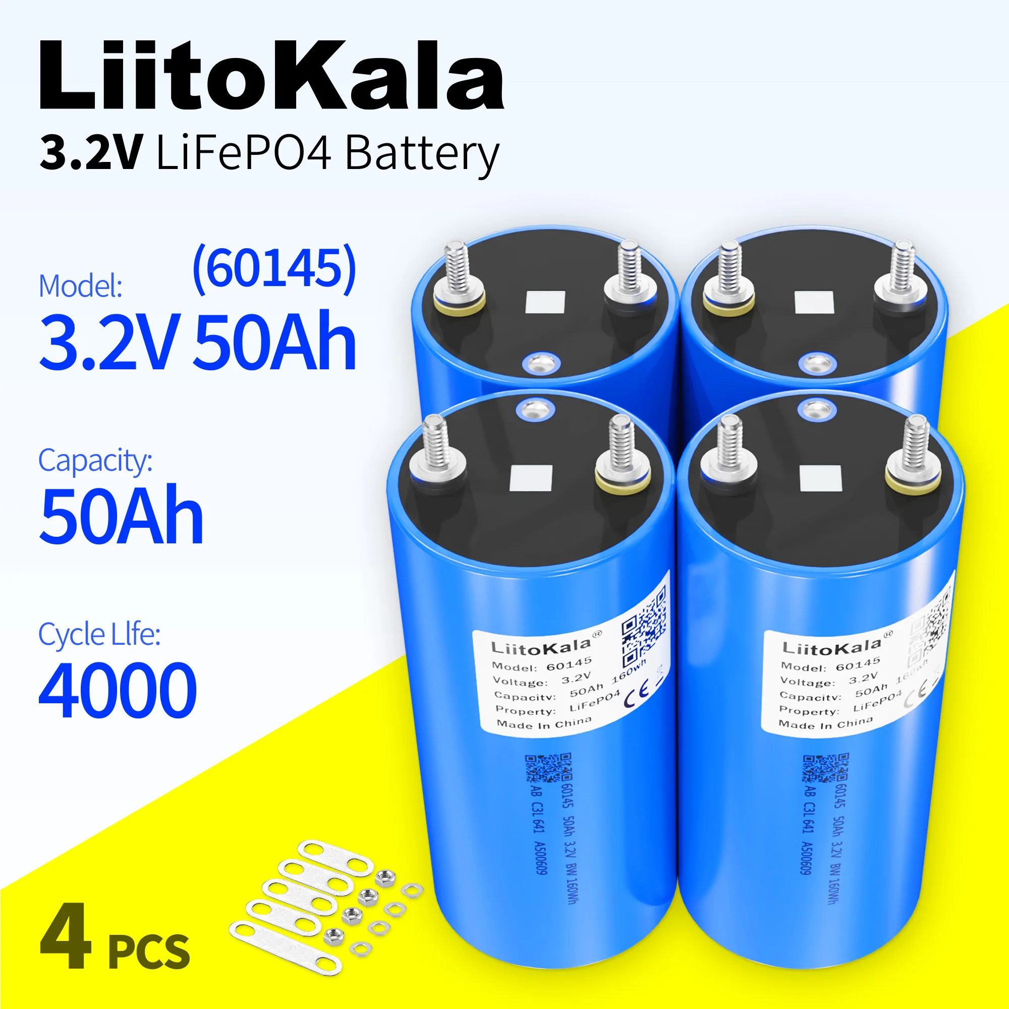 LiitoKala 4x 3.2V 20Ah 50Ah 105Ah 200Ah Lifepo4, litio-ferro-fosfato, batteria solare 12V 24V