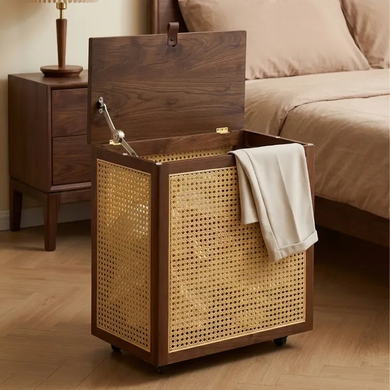 Luxury Black Walnut Rattan Laundry Basket with Lid and Wheels Hollow Woven Dirty Clothes Storage Bin for Bathroom Bedroom