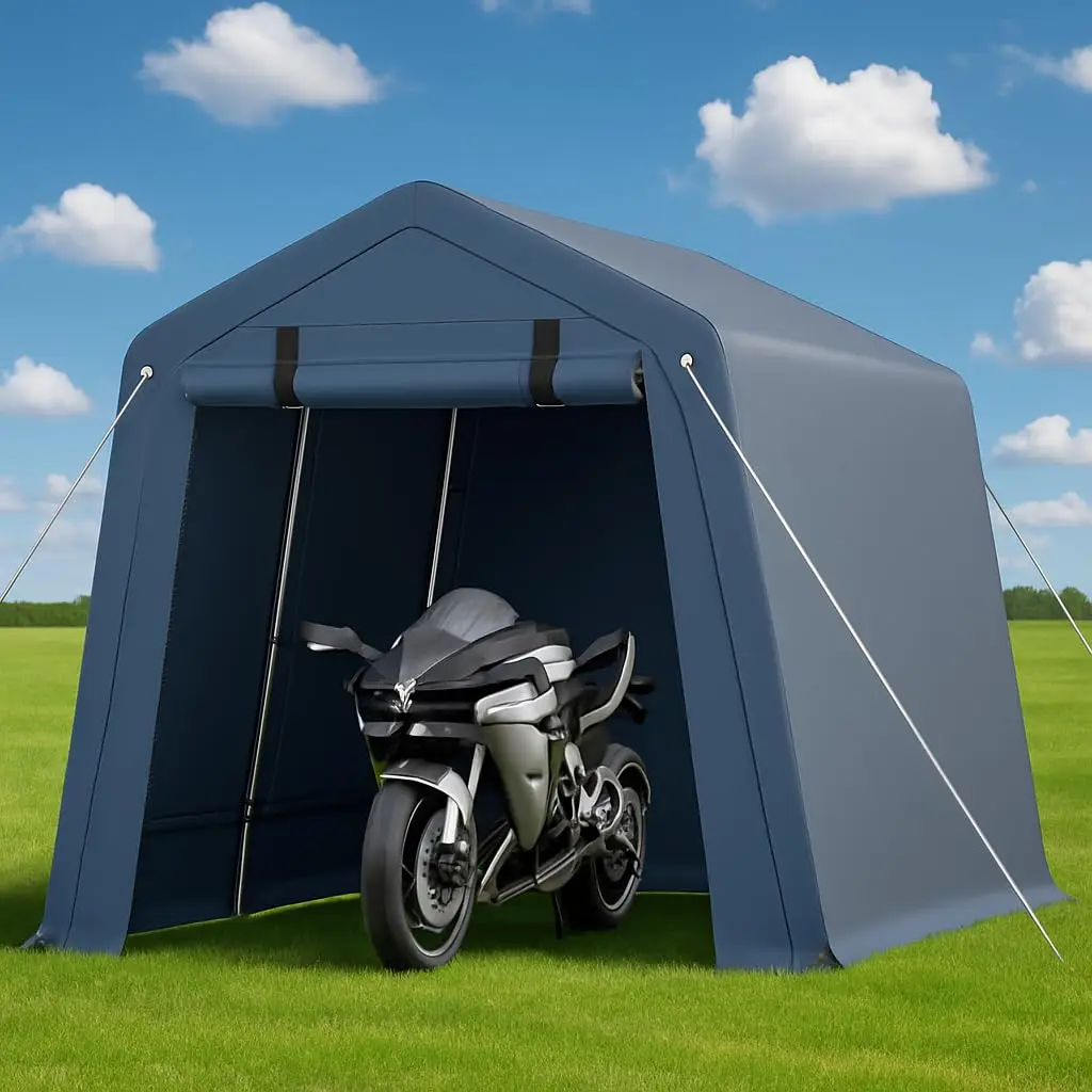 7x12 FT Outdoor Portable Storage Shelter Heavy Duty Waterproof Tarp Motorcycle Garage Roll-up Zipper Door Bike Tool, Customized