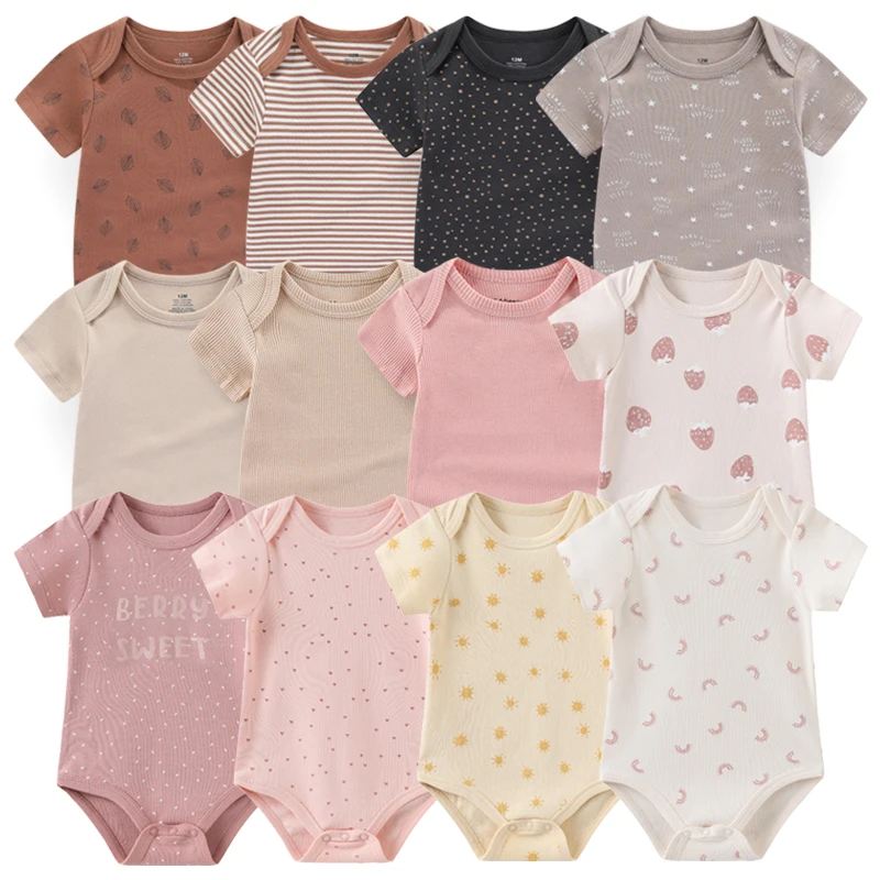 New Born Bodysuits 2023 Cotton Cartoon Baby Girl Clothes Set 6Pieces Short Sleeve Baby Boy Clothes Summer Solid Color Bebes