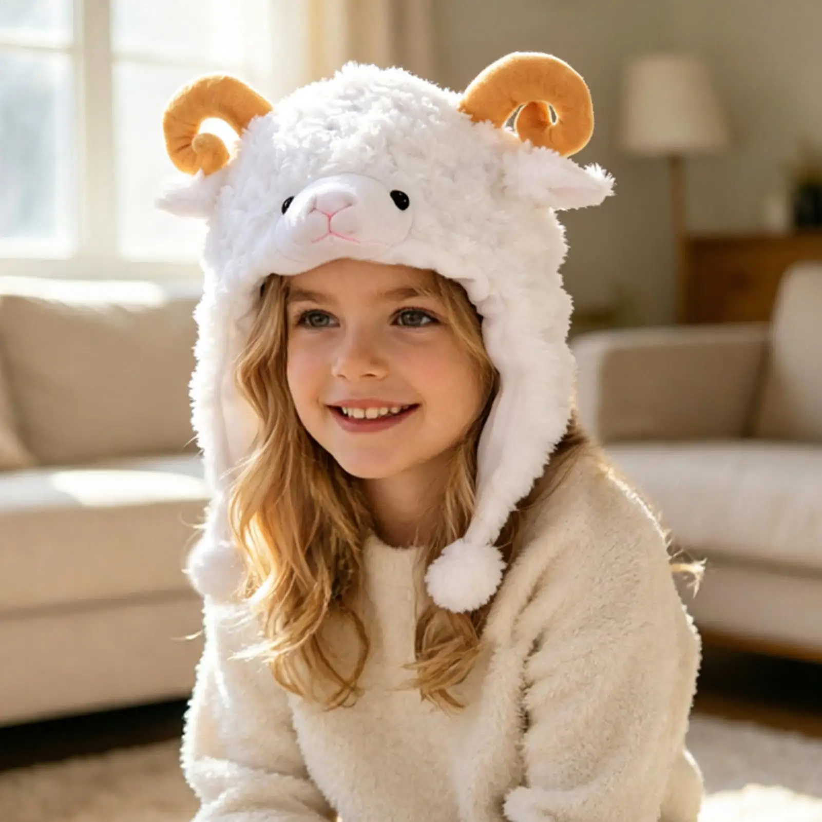 Winter Children Sheep Ear Decor Hat Fluffy Cute Plush Sheep Design Hat Keep Warm Windproof Adjustable Female Hat Cosplay Props