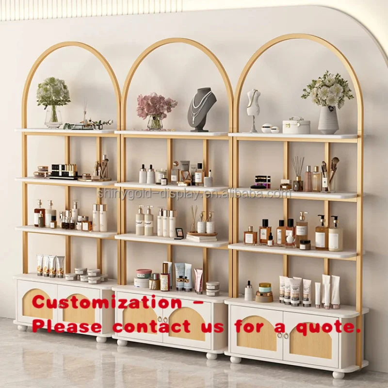 custom.Retail Furnitures Lip Gloss Rack Perfume Display Large Cabinet Showcase Shelf Wooden Gold Makeup Display Stand Store