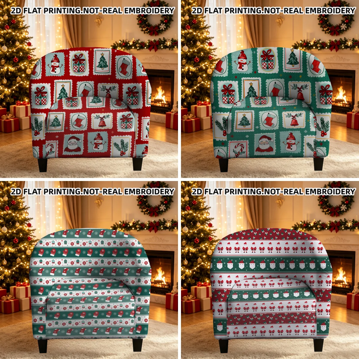 Seamless Christmas Plaid Stamp Santa Stocking Printed Armrest Sofa Cover, 2D Printed Elastic Single Club Holiday Sofa Cover