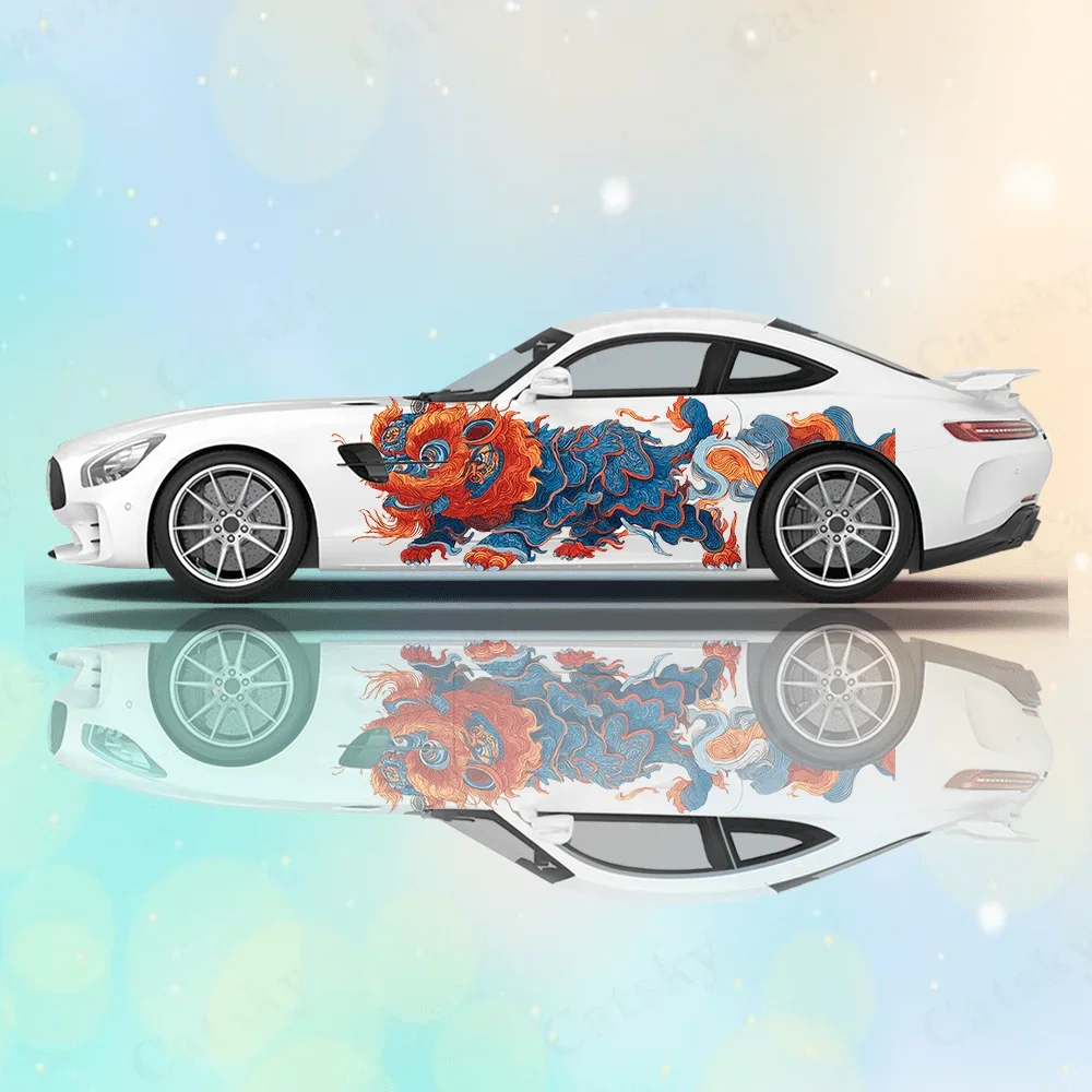 Oriental Art Lion Dance Car Vinyl Wraps Decal Self-adhesive PVC Sticker Suitable for Trucks SUV Decoration Auto Accessories