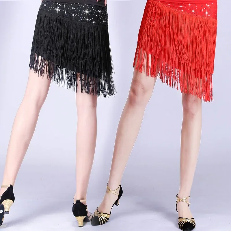 Female Adult Latin Dance Skirt Sexy Black Red Milk Silk Summer Tassel Sequin Performance Costume Square Dance Costume Women