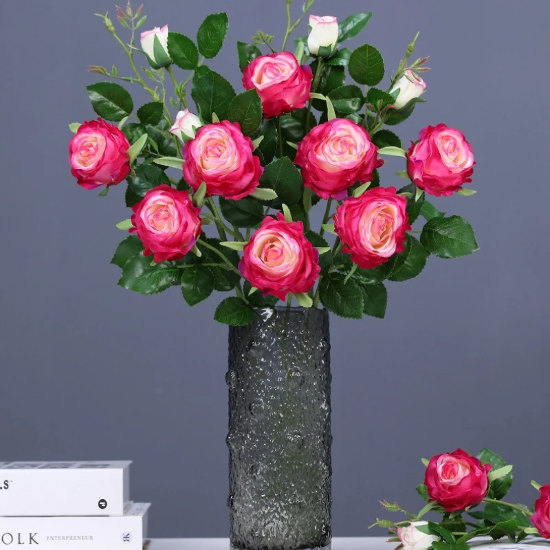 Aloes verdes, 3 uds., flores falsas de seda, simulación de 3 cabezas, rama de rosa de Jade fragante, decoración de auditorio Artificial Rosa Chinensis