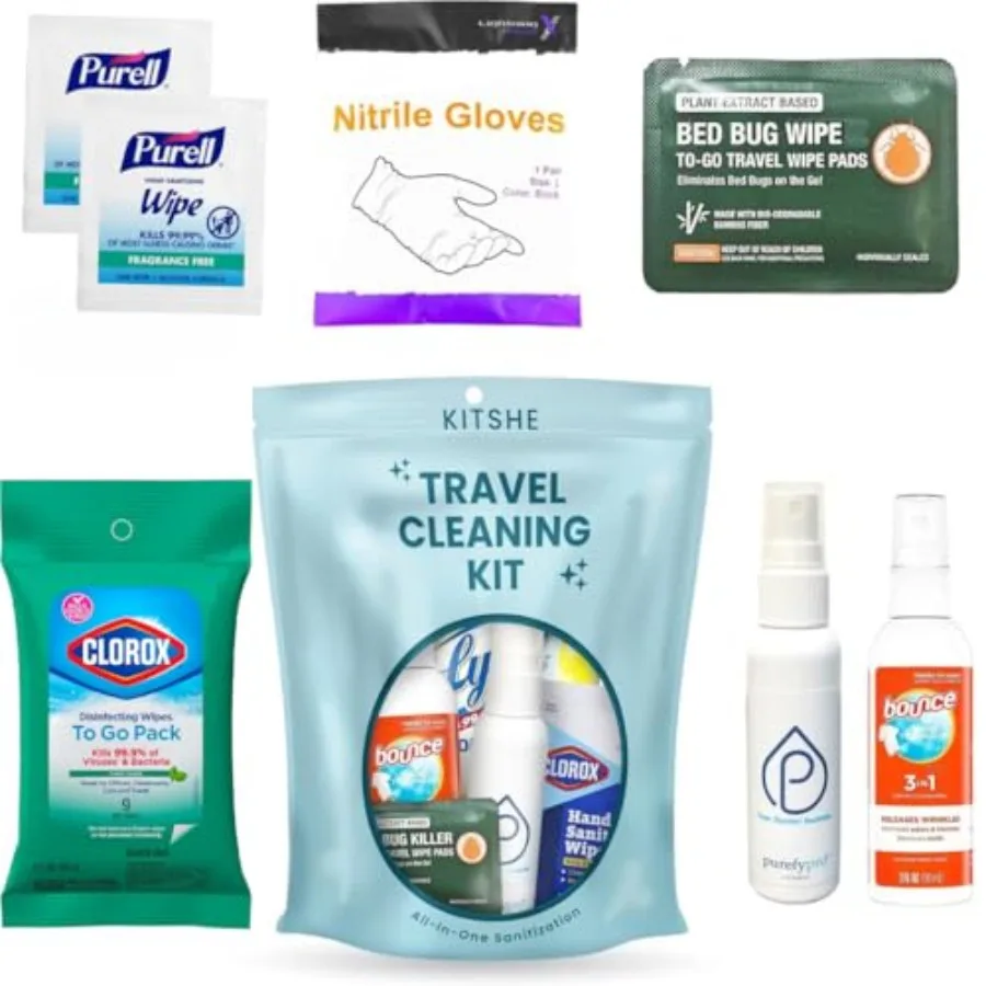 

Travel Cleaning Supplies Kit - Travel Size Cleaning Supplies For Hotels Bathrooms with Gloves Surface Wipe Fabric Cleaner Air C