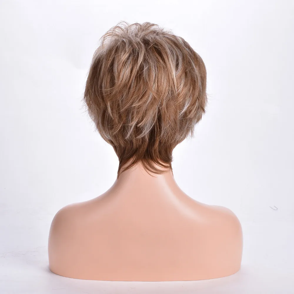 باروكة نسائية قصيرة مجعدة باللون البني مع أشقر يسلط الضوء على شعر من الألياف الاصطناعية المقاومة للحرارة للحفلات اليومية