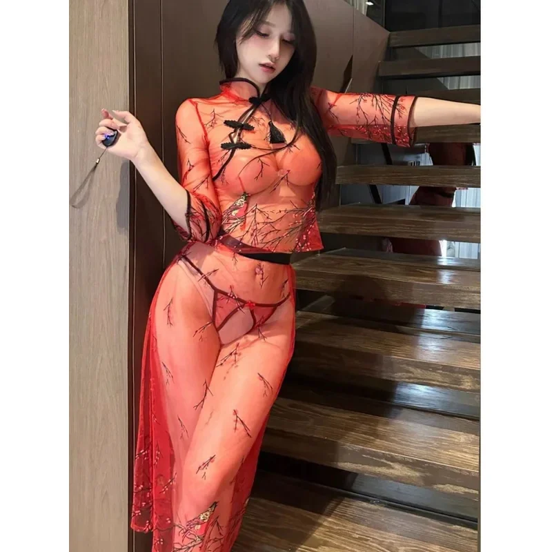 

Сексуальное красивое кружевное перспективное платье в китайском стиле Cheongsam, очаровательное темпераментное маленькое женское легкое и тонкое платье из пряжи