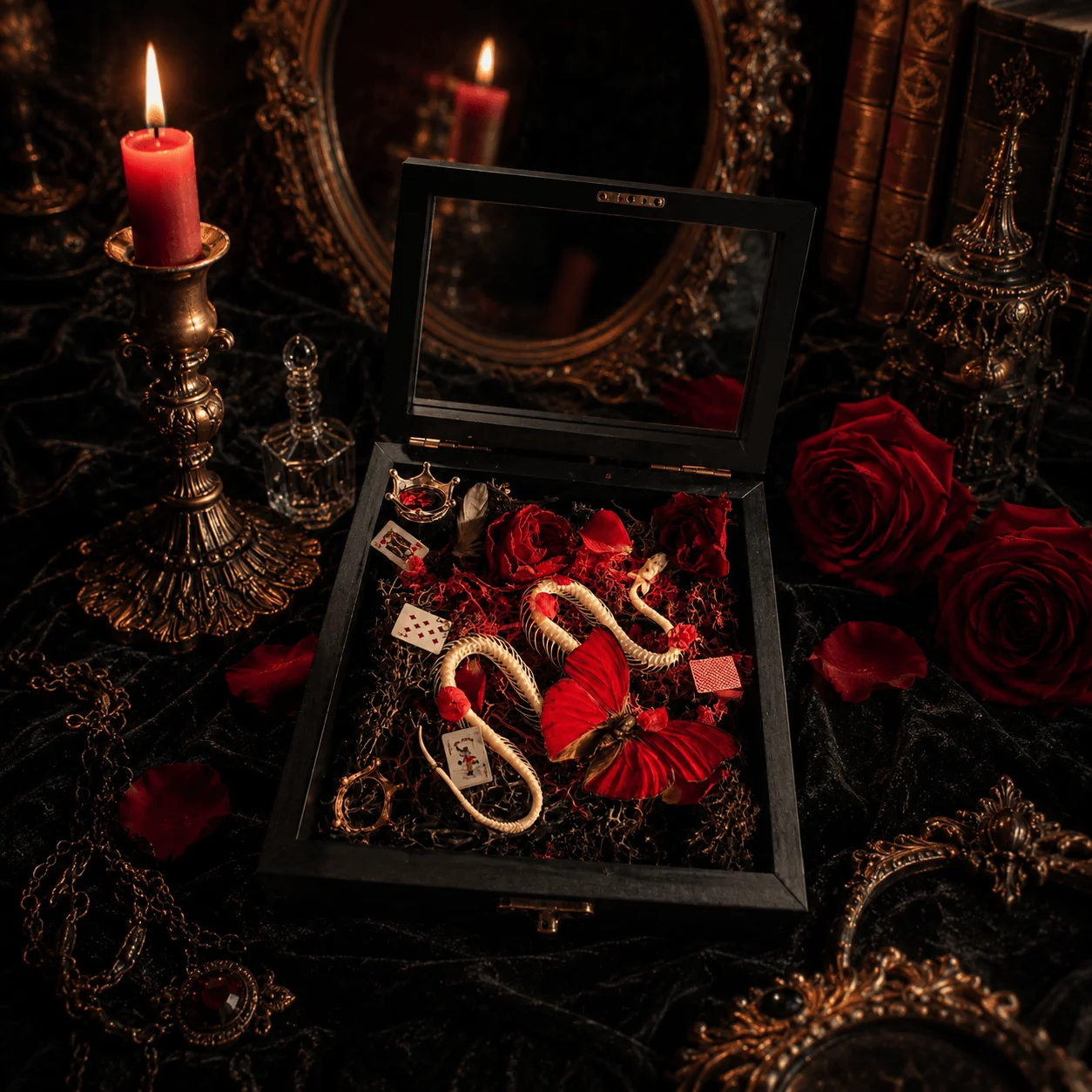 Custom Gothic Specimen Display Box with Real Butterfly, Cymothoe Sangaris, Snake Bone, Roses & Red Heart Decor