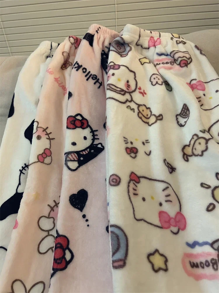 الكرتون مرحبا كيتي السراويل المتسكعون المرجان الصوف بنطلون بيجاما الإناث الخريف الشتاء Kawaii فتاة ملابس فضفاضة هدية عيد ميلاد
