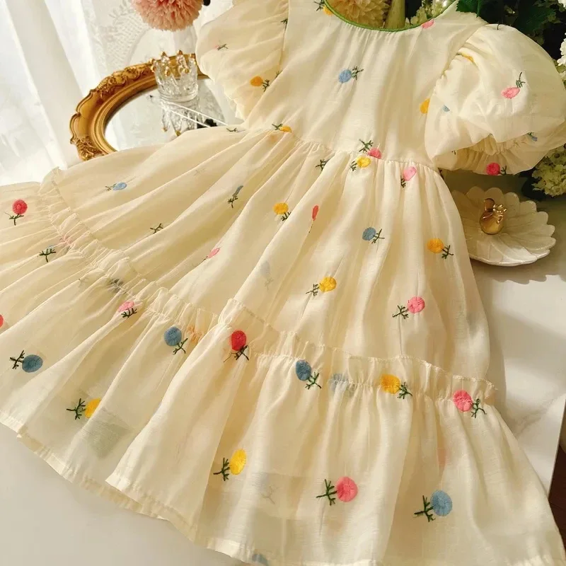 Bebê meninas vestido de princesa verão bege elegante vestido com arco verde crianças festa de aniversário roupas 2-12 anos de idade crianças roupas