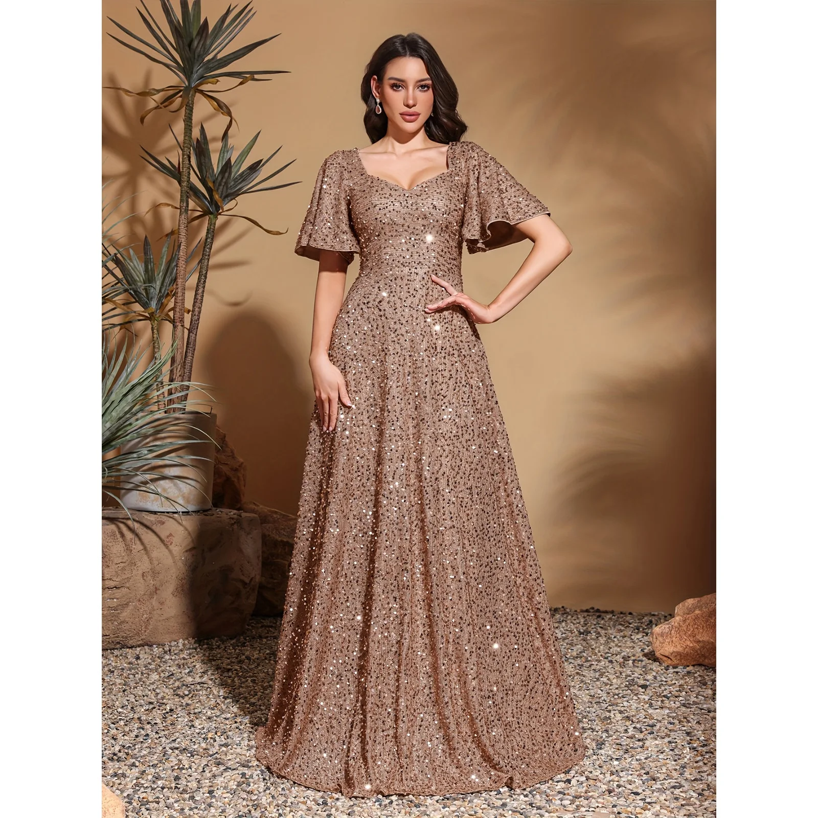 

Sweetheart neckline ruffle sleeves solid color sequined dress, party dress