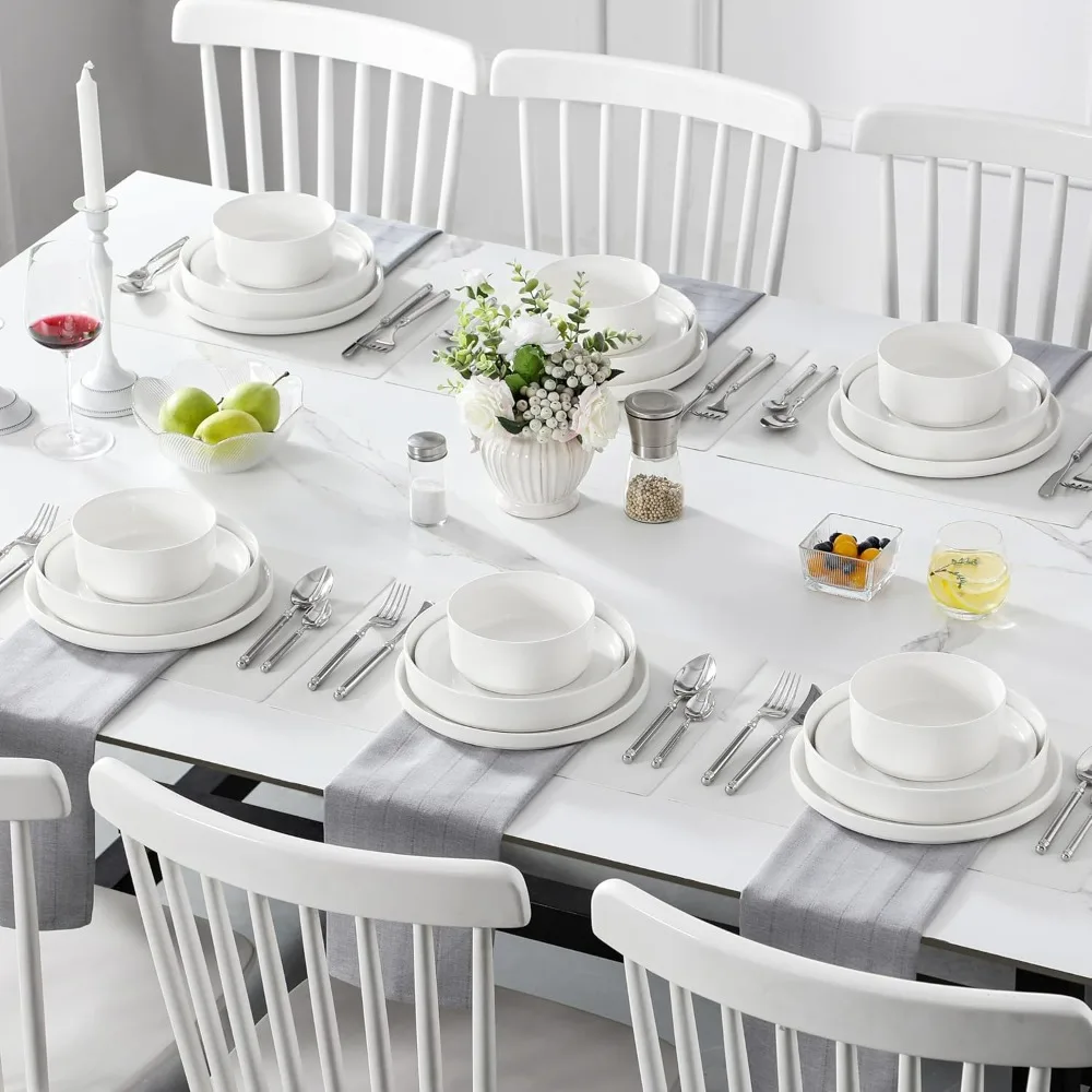 Modern White Porcelain Dinnerware Set for 6, 24-Piece Premium Plate and Bowl Set, Chip and Scratch Resistant