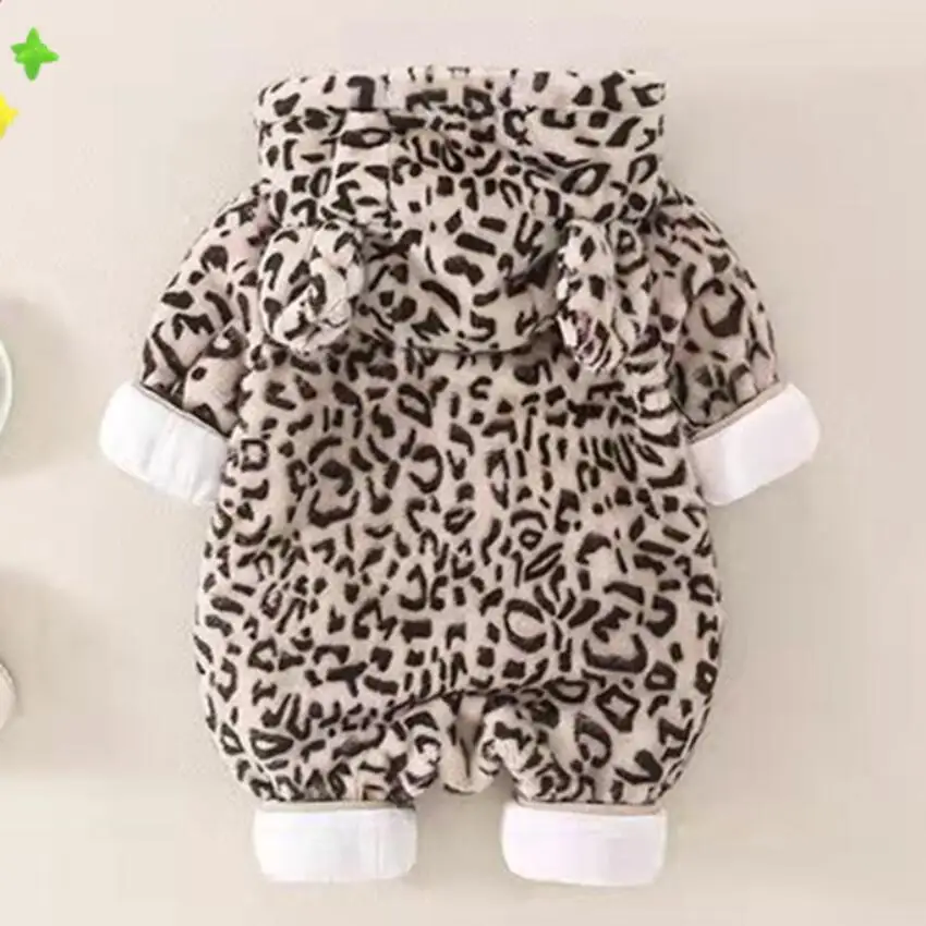 Infant Girls Leopard Print Romper Hooded Long Sleeved Plush Jumpsuit Boys Winter Warm Bodysuit Clothes Newborn Outwear