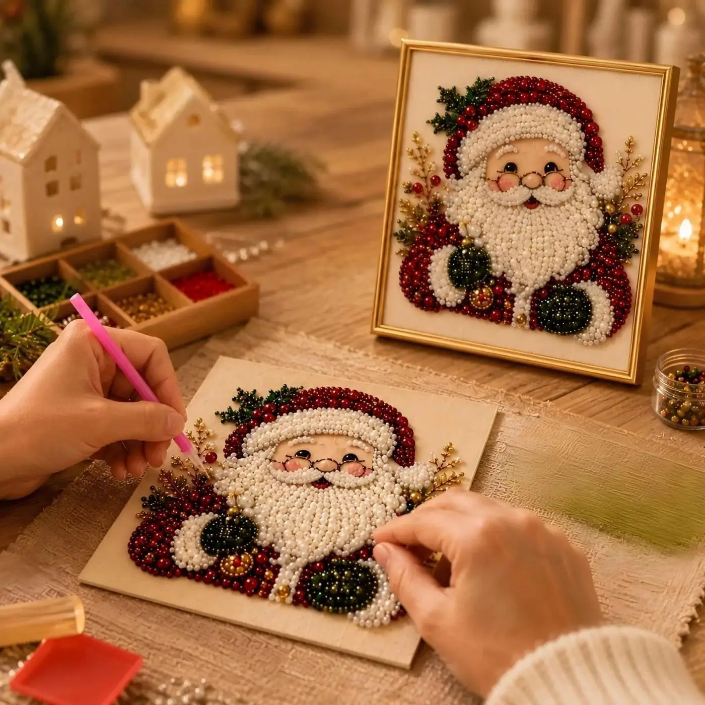 DIY Christmas Pearl Painting Art Kit Frameless Handmade Rhinestone Christmas Decoration Pearl Painting Hanging Wall Art for Gift