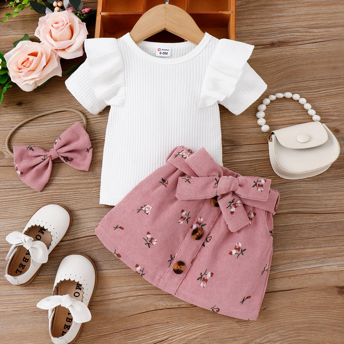 PatPat 3pcs Baby Girl 95% Cotton Ribbed Ruffle Short-sleeve Tee and Floral Print Belted Skirt & Headband Set