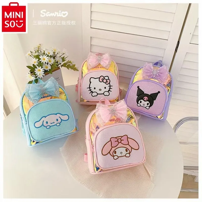 MINISO Sanrio mochila para niños, Linda mochila para estudiantes con lazo, niña de dibujos animados Kuromi Hello Kitty