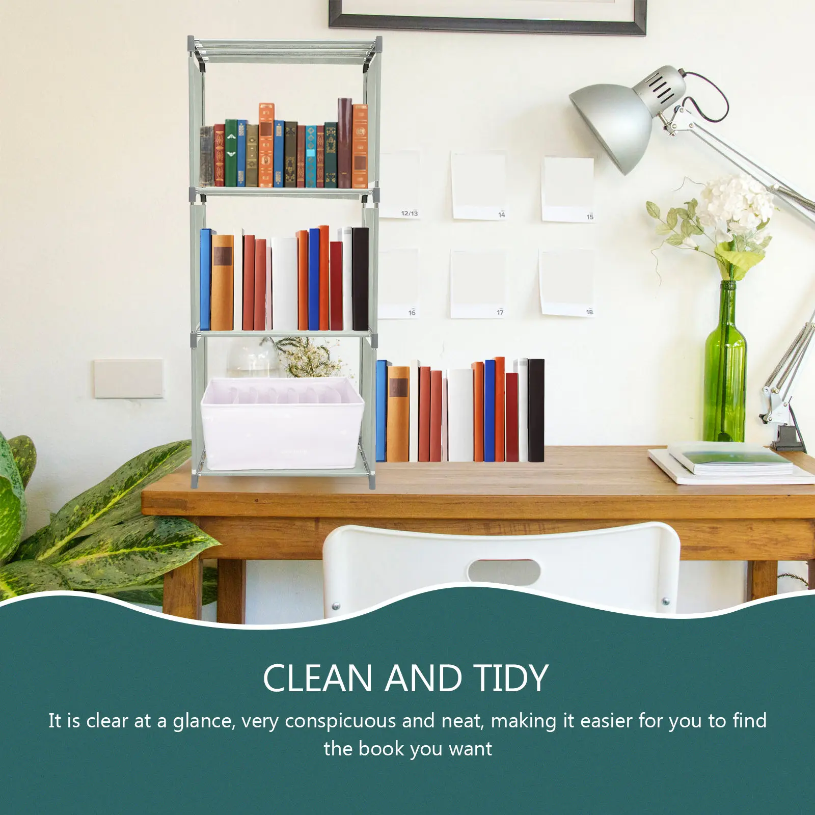 4-Tier Bookshelf Steel Pipe Construction Non-Woven Fabric Book Organizer Desktop Storage Shelf for Living Room Bedroom Kitchen