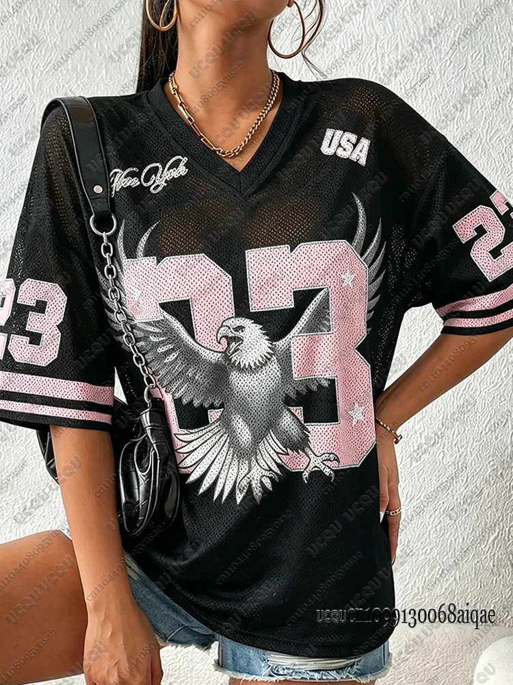 Camiseta estampada Los Angeles No.23 para mujer, camiseta deportiva de fútbol de manga corta con cuello en V, camisetas holgadas informales Y2K