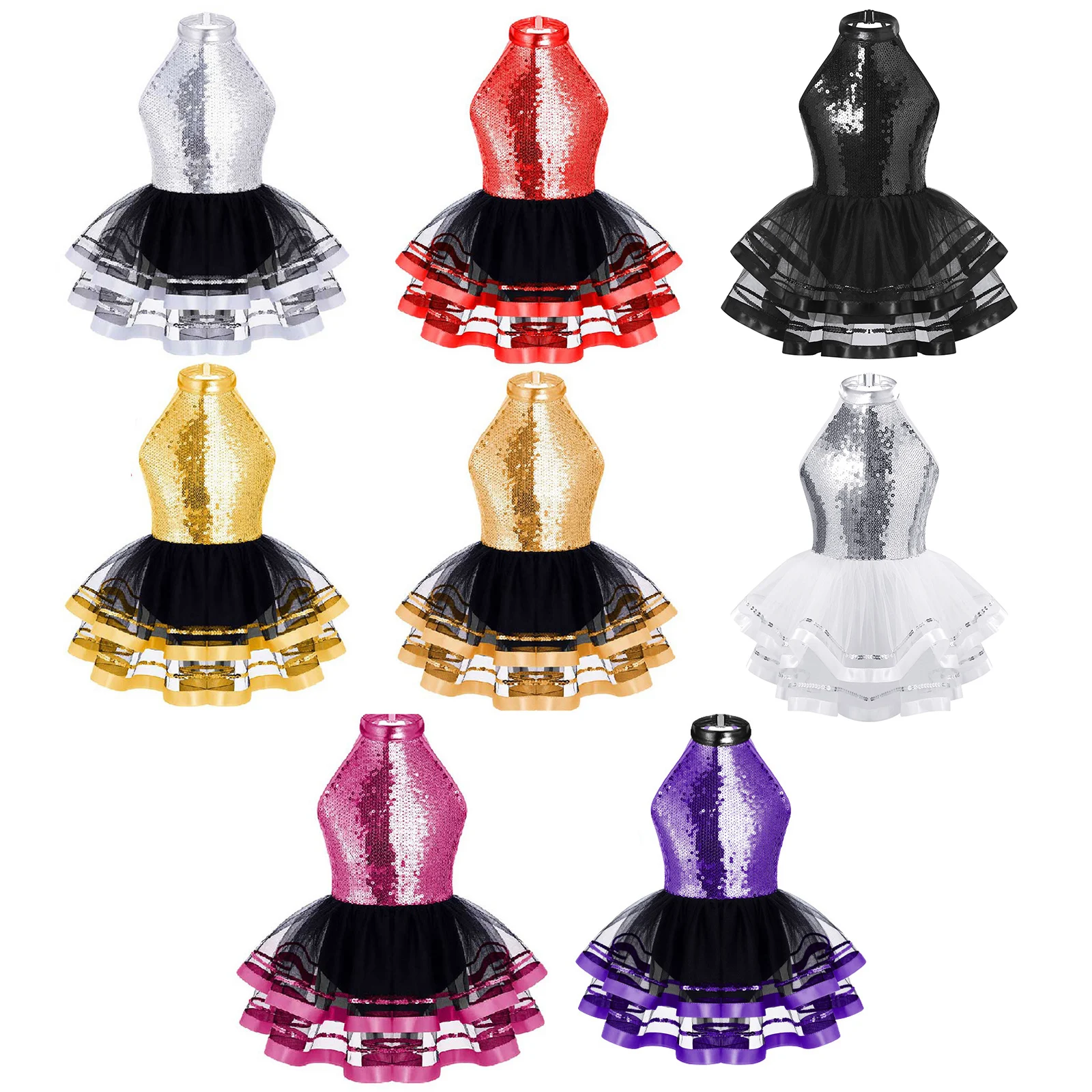 Kids Girls Halter Tutu Ballet Dance Dress Glitter Sequins Gymnastics Leotard Dress Modern Latin Jazz Dancing Performance Costume