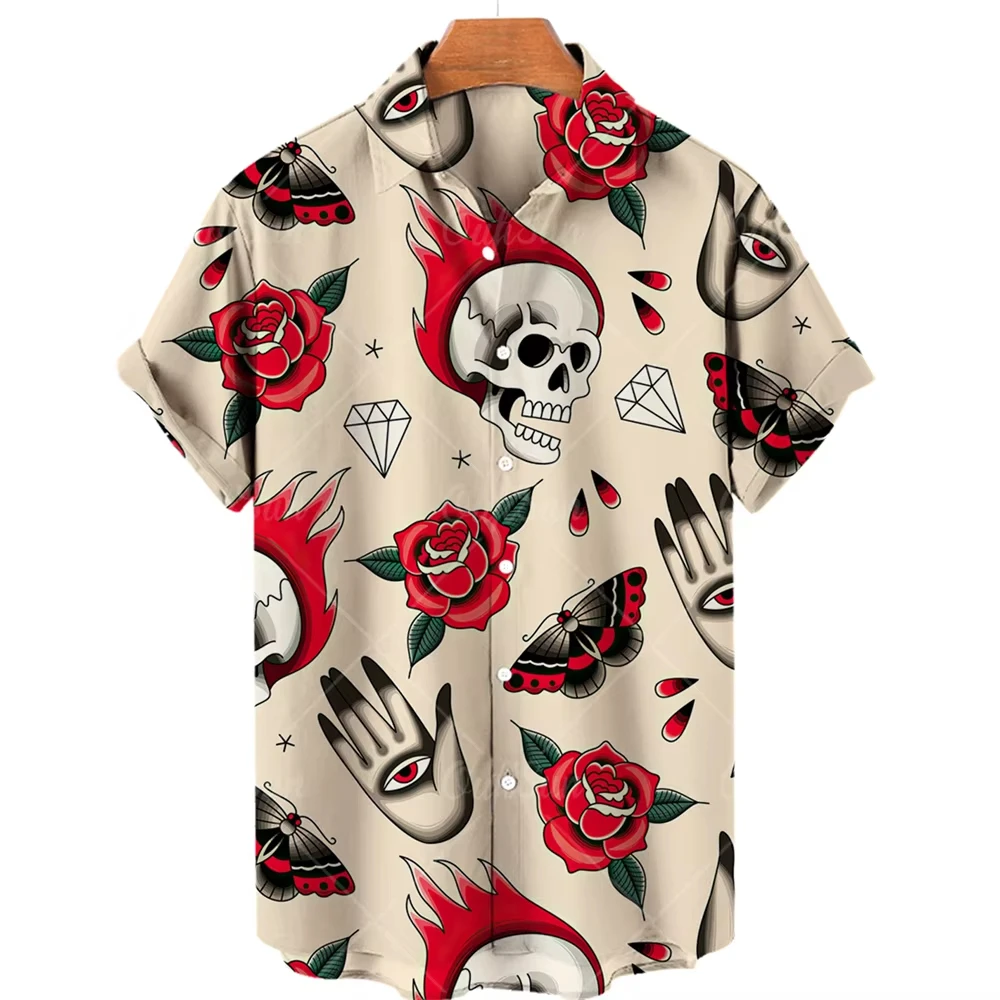 2026 Men's Shirt Fashion Skull Halloween Printed Summer New Hawaiian Printed Short Sleeve Shirt Simple Design Beach Loose Top