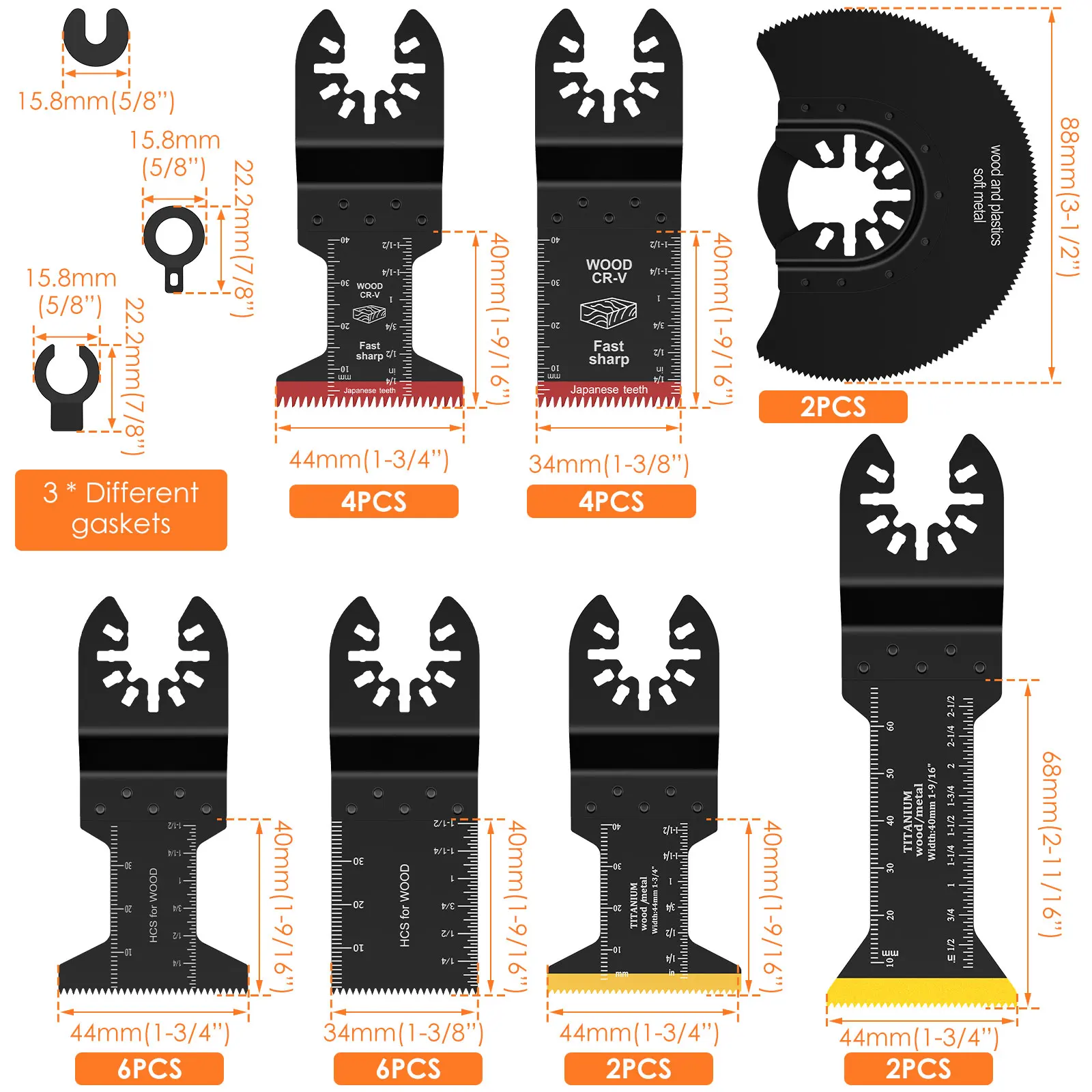 Oscillating Saw Blade Set 10/18/26Pcs Universal Titanium Bimetal Oscillating Multitool Blade with 3 Adapter for Wood PVC Cutter