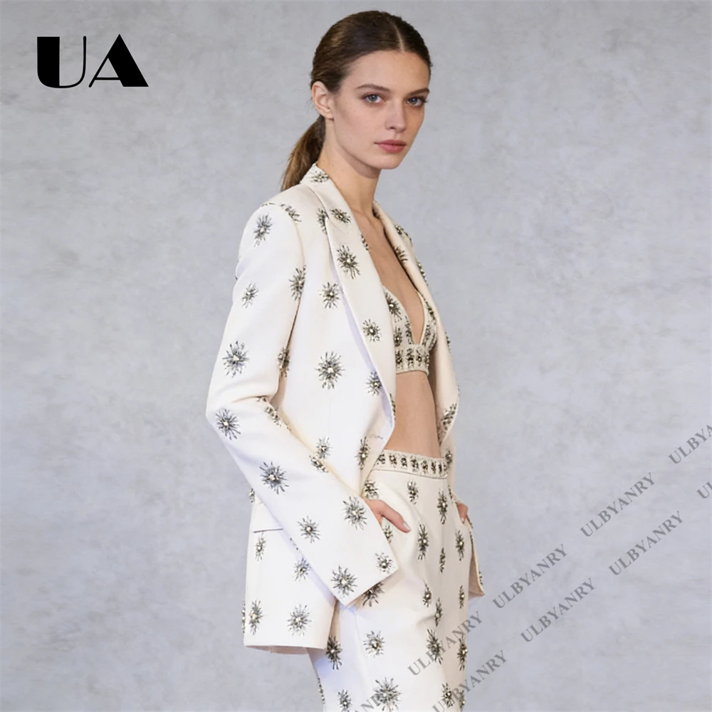 ULBYANRY Women's Embroidered Suit Set Crop Blazer with Crystals and Beads High - Waisted Pants Sexy Club & Streetwear Set