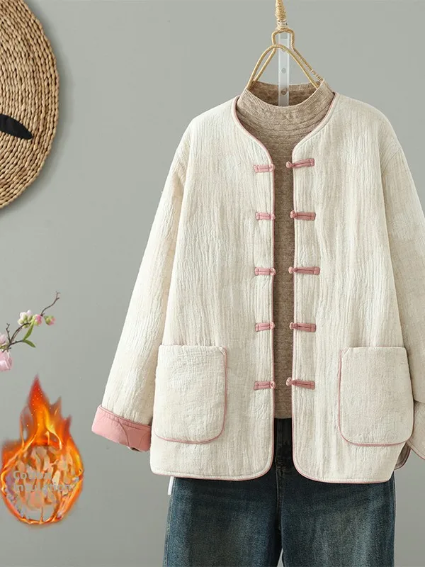 Jaet de algodón con botones bordados artísticos Retro para mujer, ropa de abrigo mixta de lino y algodón para otoño e invierno, disfraz de té