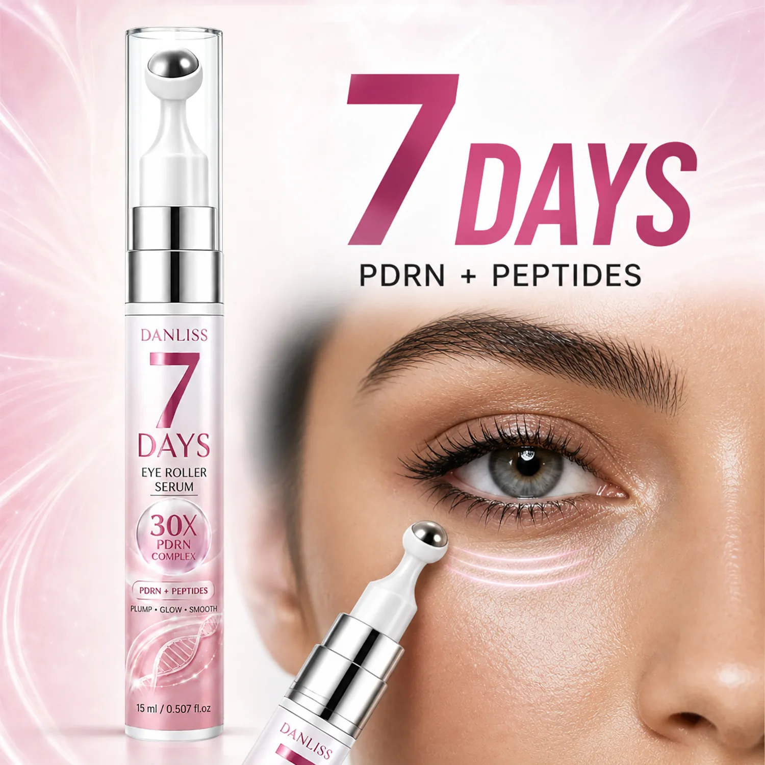 7 Days Eye Roller Serum 15ml 30X PDRN Complex Peptide Eye Serum 360°Roll‑on Massager Plump Glow Smooth Fine Lines Under Eye Skin