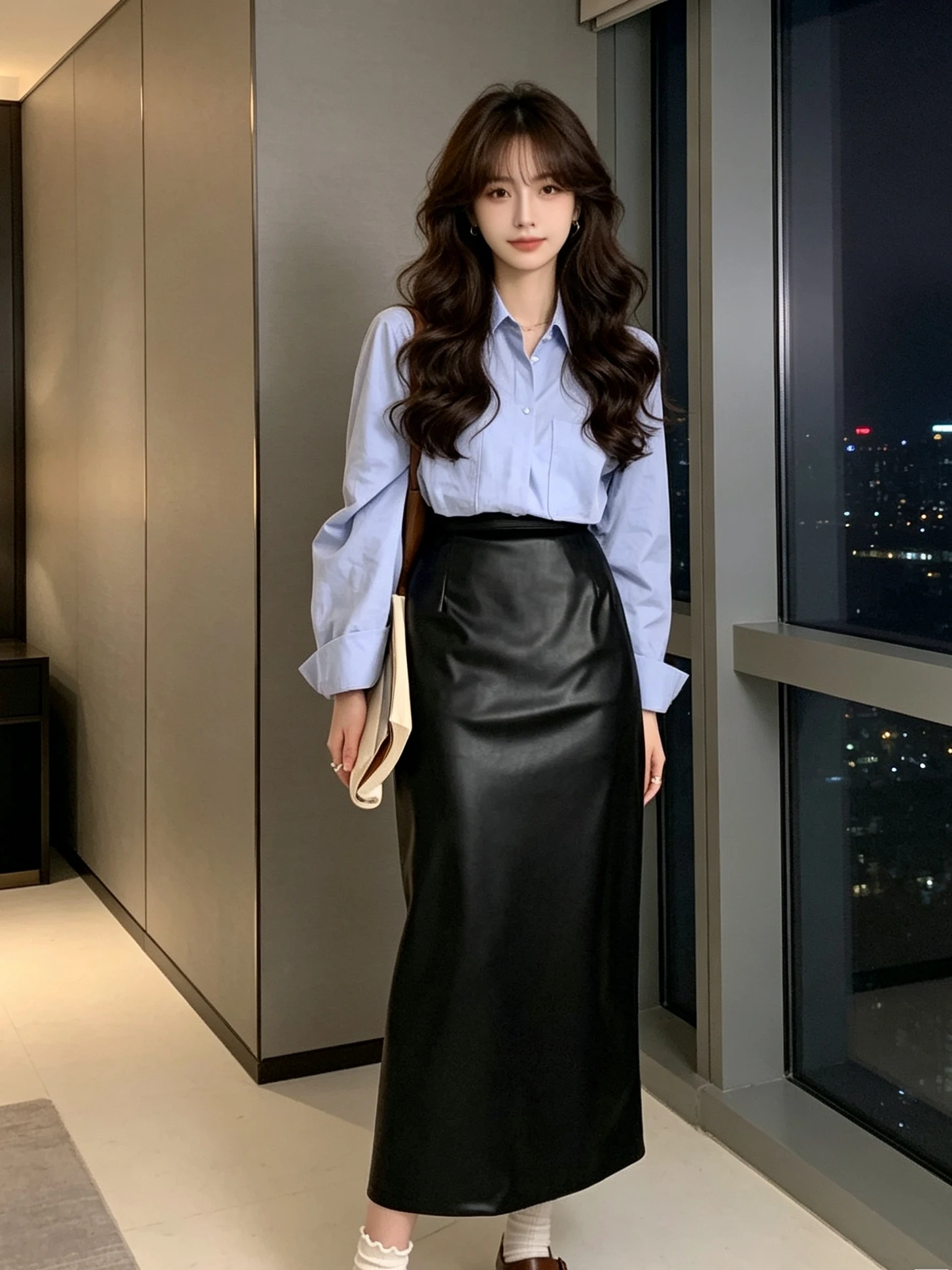 Fashionable High Waist Mid-Length PU Leather Skirt Women's Straight Cut Slimming Bodycon Skirt Asymmetrical Zipper Design
