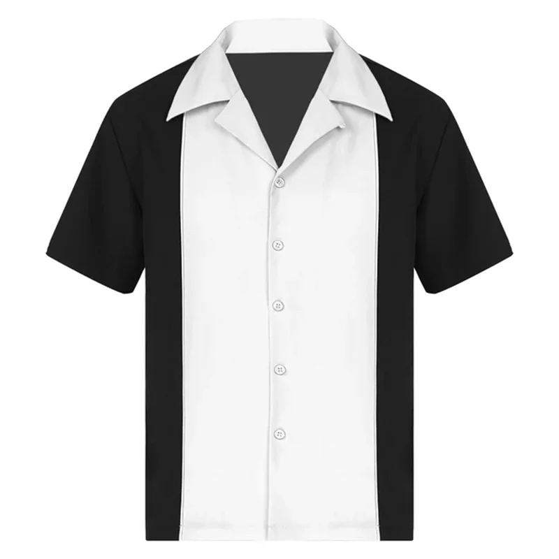 Selling new men\'s bowling shirt Retro short sleeve button casual 50t color block striped notch collar shirt 5XL