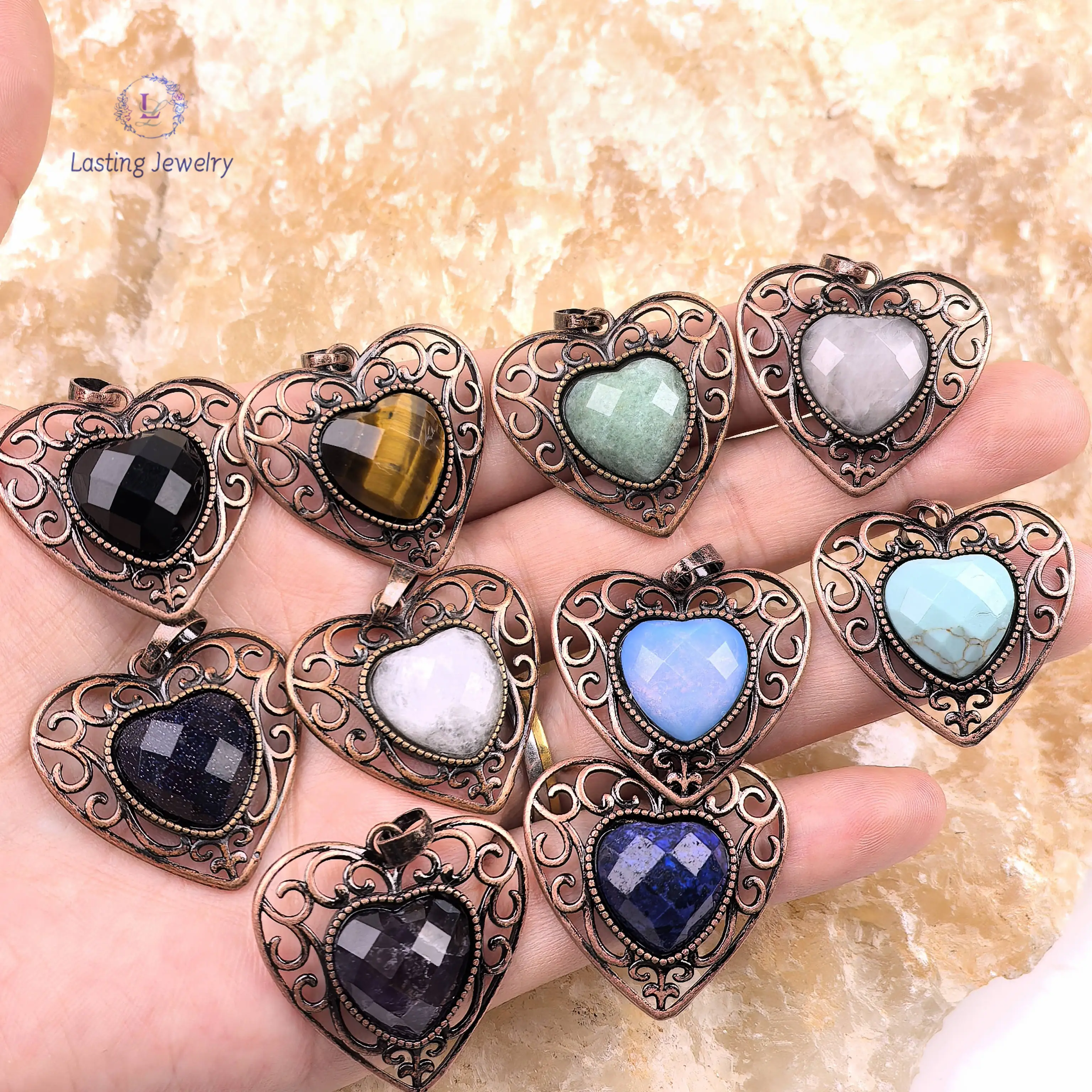 

Antique Cooper Hollow-out Medieval Style Heart Pendants,Faceted Gemstone Amethyst Aventurine Opal Charms Necklace Jewelry Making