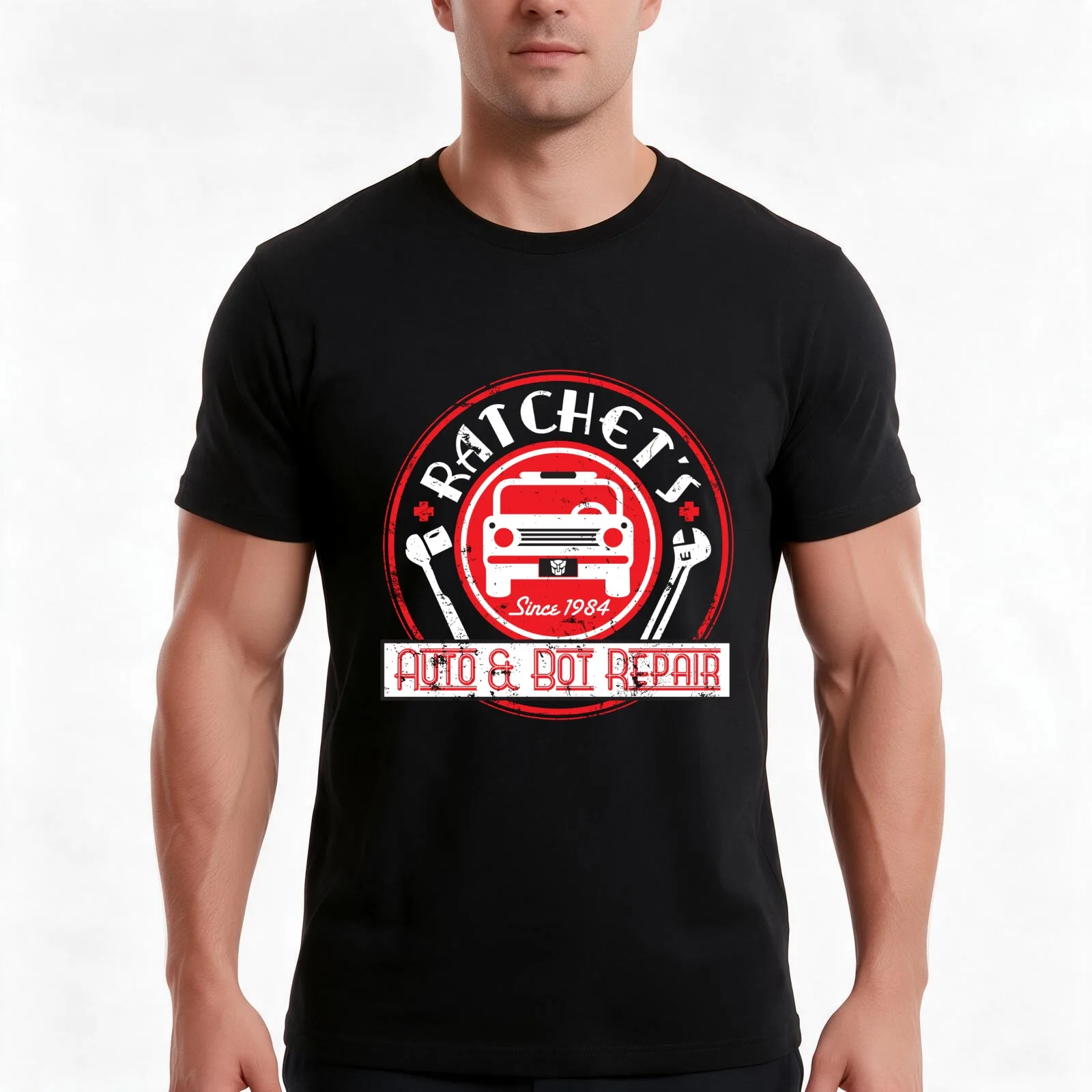 Ratchet's Auto & Bot Repair T-Shirt, Summer Casual Cotton Tee, Oversized Streetwear Tops, Vintage Graphic Print, 100% Cotton