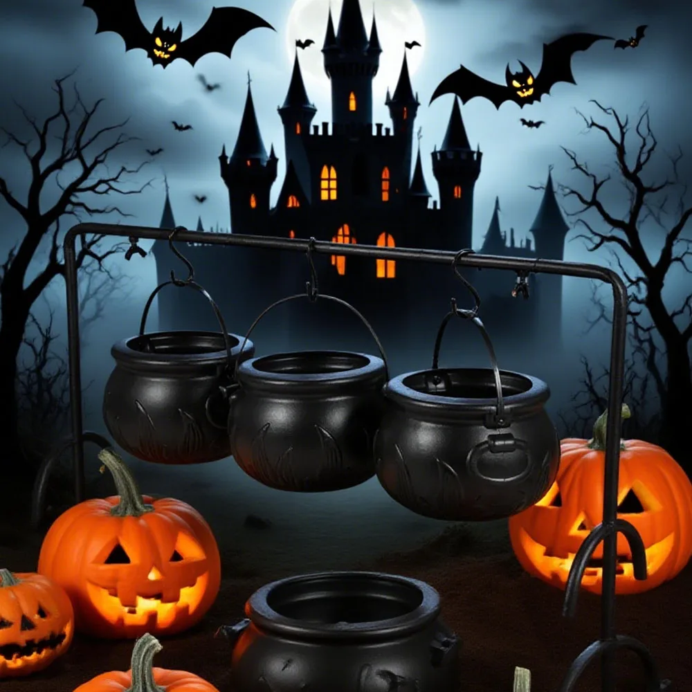 3pcs Halloween Witch Candy Bowl Mini Black Plastic Witches Cauldron Pumpkin Treat Bucket Candy Basket for Halloween Table Deco