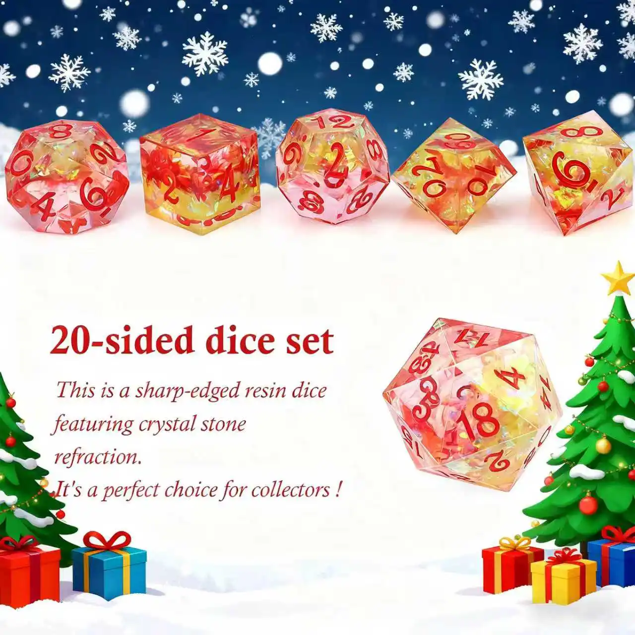 مجموعة مكونة من 7 قطع من نرد متعدد السطوح ذو زوايا حادة مع ترصيع ورق لامع هدية مثالية لألعاب الطاولة العائلية، علبة ألومنيوم متضمنة