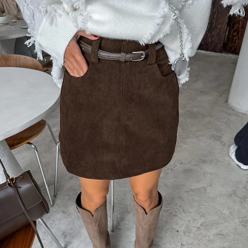 New Corduroy Bodycon Mini Skirt Women's Fashion Pencil Skirt Autumn Winter Clothing Vintage Female High Waist A line Skirt