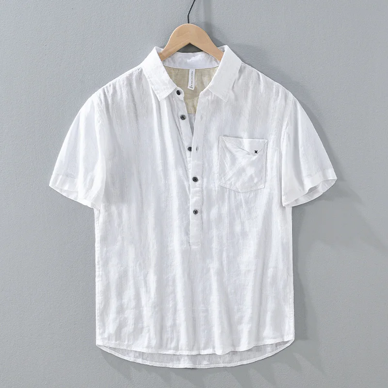 

Летняя тонкая повседневная свободная льняная рубашка для мужчин, модная городская дышащая рубашка с коротким рукавом, однотонная, в японском ретро-стиле