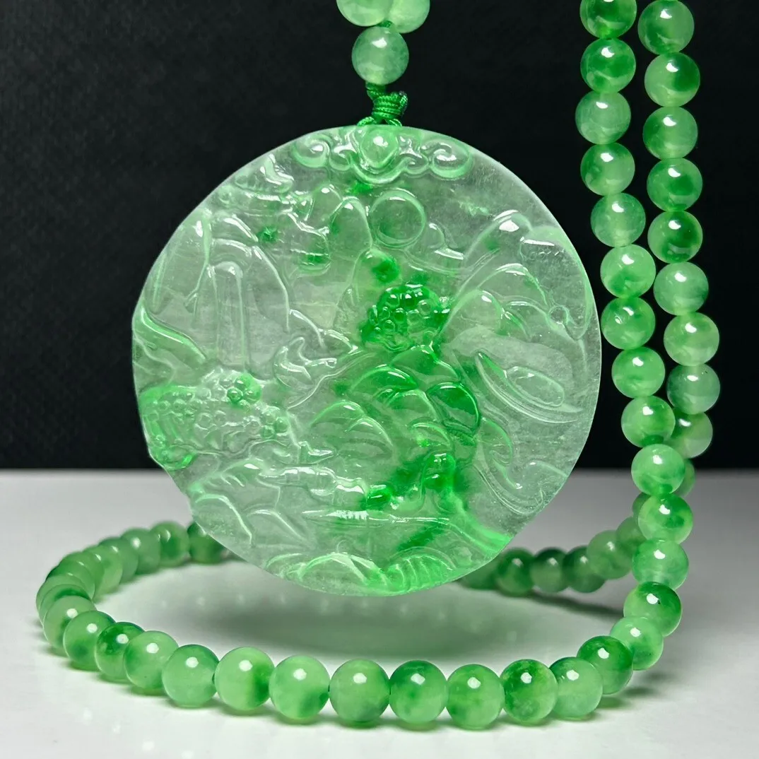 

Certified Natural ice Green Jade Jadeite Carved Landscape Pendant & Necklaces Landscape Brand