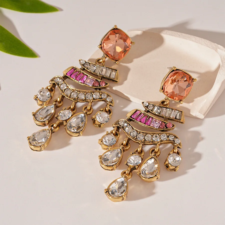 Vintage Warm Amber Glass Square Gem Layered Arch Crystal Droplet Cascade Dangle Earrings Evening Party Jewelry For Women