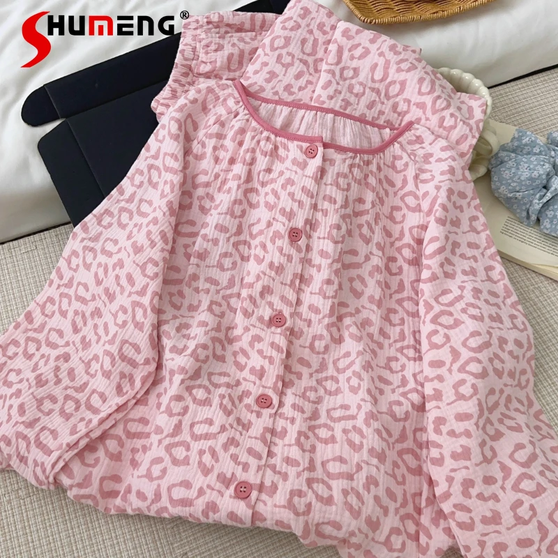 

Cute Girl Pink Leopard Print Pajama Set Female Autumn Cotton Gauze Sweet Homewear Women Wearable Outside Autumn Loungewear