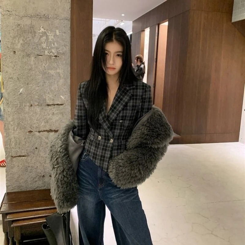 

Женский осенний винтажный клетчатый пиджак, двубортный шерстяной короткий пиджак во французском стиле с завязкой на талии, приталенный пиджак с длинными рукавами