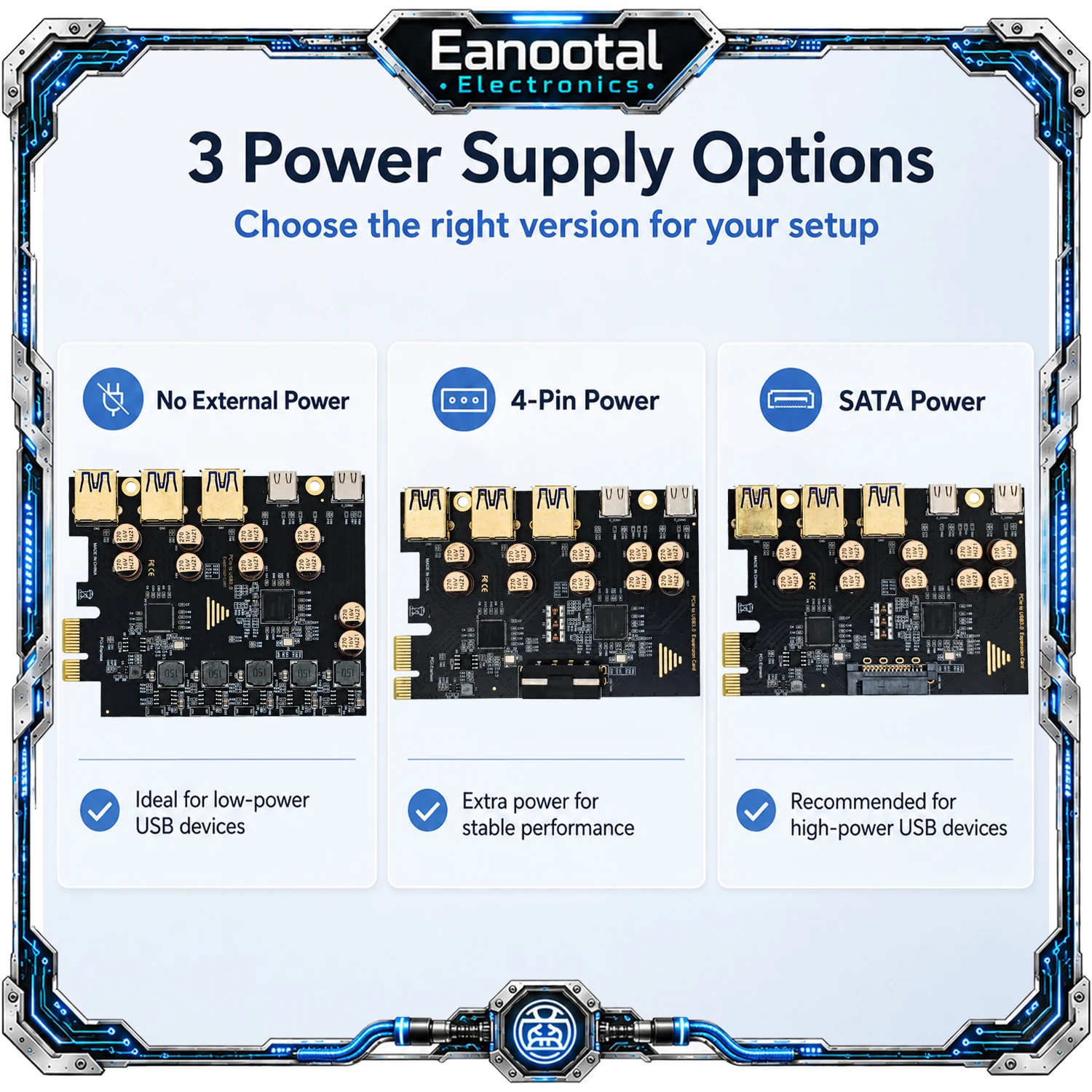 PCI Express USB 3.0 Card, 3 USB-A + 2 USB-C 5Gbps High Speed Expansion Adapter for x1 x4 x8 x16 Slots with 3 Power Options