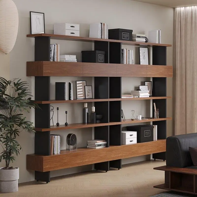 Loft living room bookshelf integrated against the wall open floor office shelf wrought iron multi-layer display file cabinet