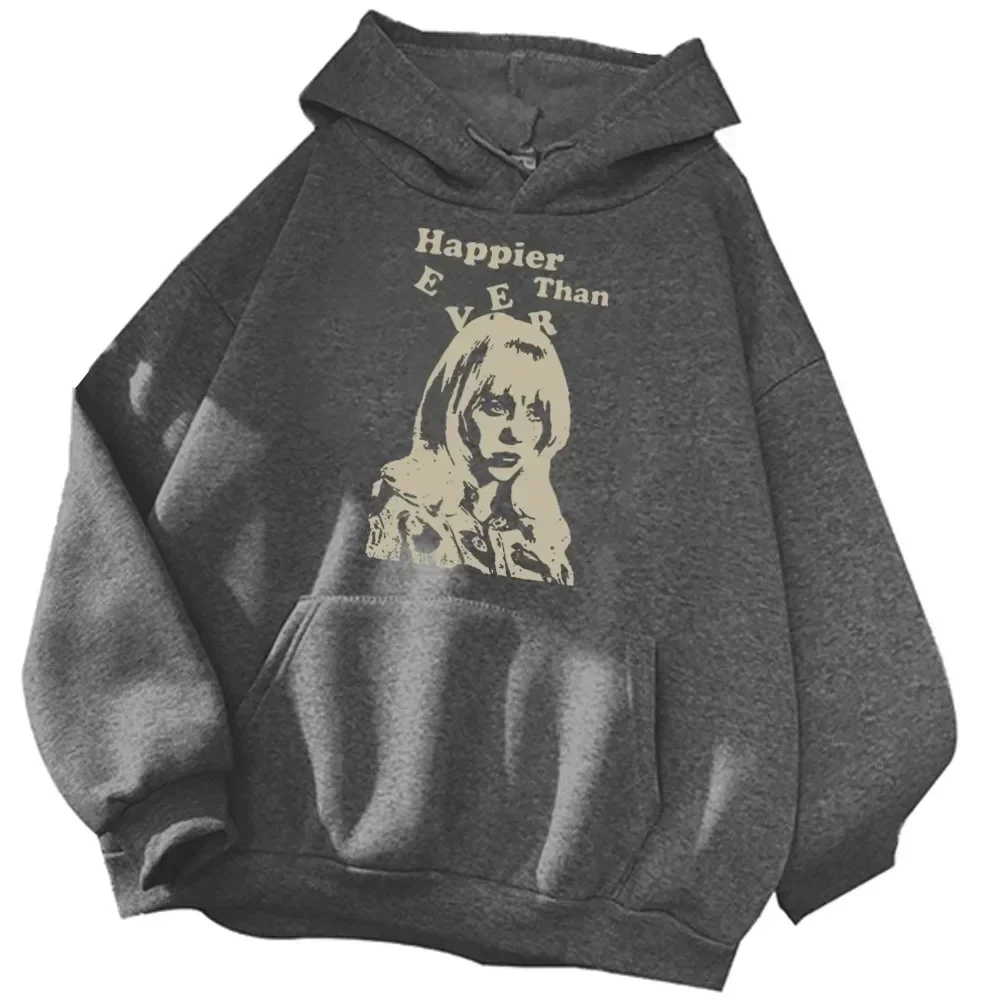 Retro Portrait Quote Hoodie, Unisex Hooded Sweatshirt Happier Than Ever Distressed Figure Graphic Front Print Casual Sweat Top