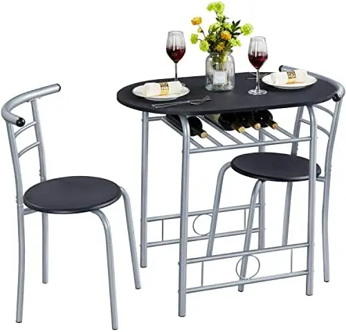 

3 Piece Kitchen Set - Dining Sets for 2 - Compact and Chairs w/Steel Frame & for Small Spaces, Apartment,Bistro - Black