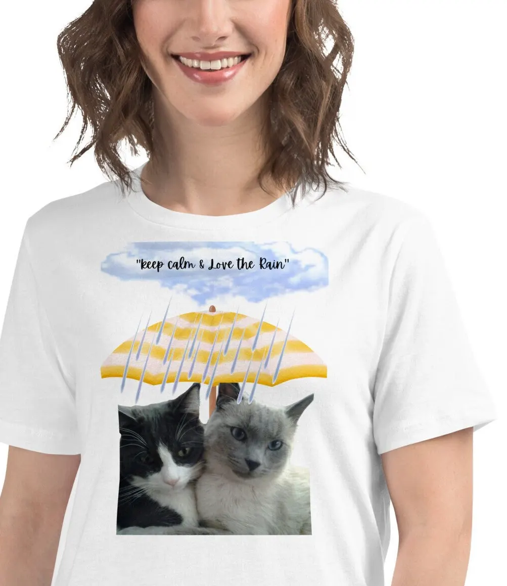 Women's Relaxed T-shirt Cat Print Gift for Her Short Sleeve Funny Graphic Tee Crew Neck Cats in the Rain