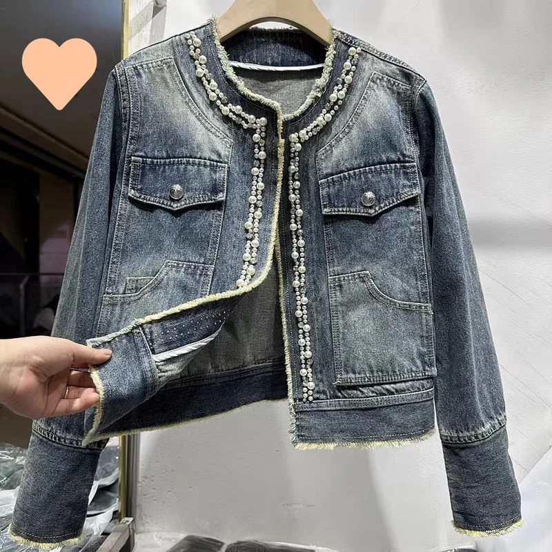 Perlen Denim Jacke Für Frauen Kurzen Mantel Frühling Herbst Mode Oansatz Raue-kanten Offenen Stich Tops Dame Streetwear Jean jacken