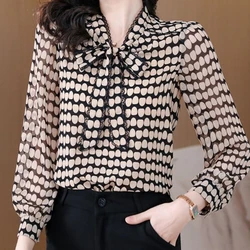 Spring Autumn New V-neck Long Sleeve Fashion Blouse Women High Street Casual Printing Pullovers Elegant All-match Vintage Tops